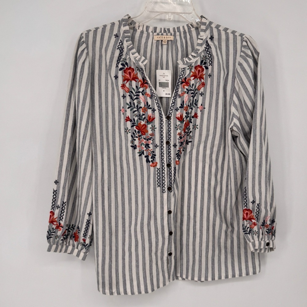 Kate & Sam Embroidered Blouse Womens Size S Blue White Striped NEW Floral Boho